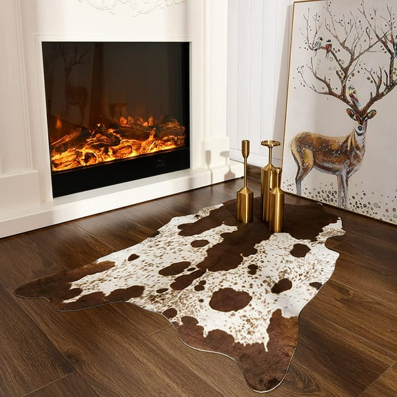 Dwelke Faux Cowhide Rug Cow Print Retro Area Rug for a Western Boho Living Room Bedroom Decor 4.6' × 5.2' Brown