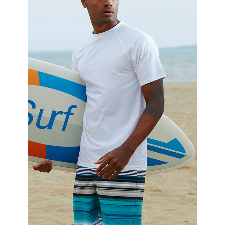 Frontwalk Mens Beach Shirt Crew Neck Swim Tops Sun Protection Swimwear Men  Stretchy Beachwear UPF50+ Swimsuit White L