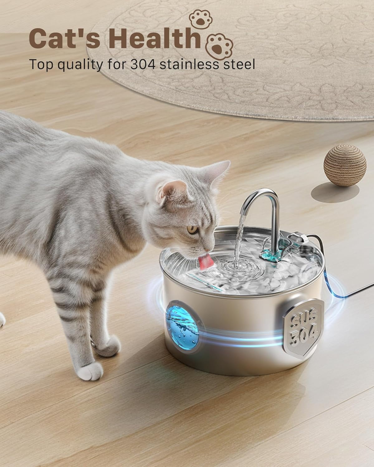 Cat Fountains for Drinking Stainless Steel: 108oz/3.2L Cat Water Fountain Led Light - Running Pet Water Fountain Filtered - Faucet Like Pet Water Fountains for Cats Indoor with 9 Filters