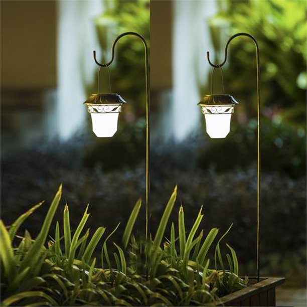 Set of 2 Leaf Solar Plastic Lanterns with Metal Shepherd Hooks