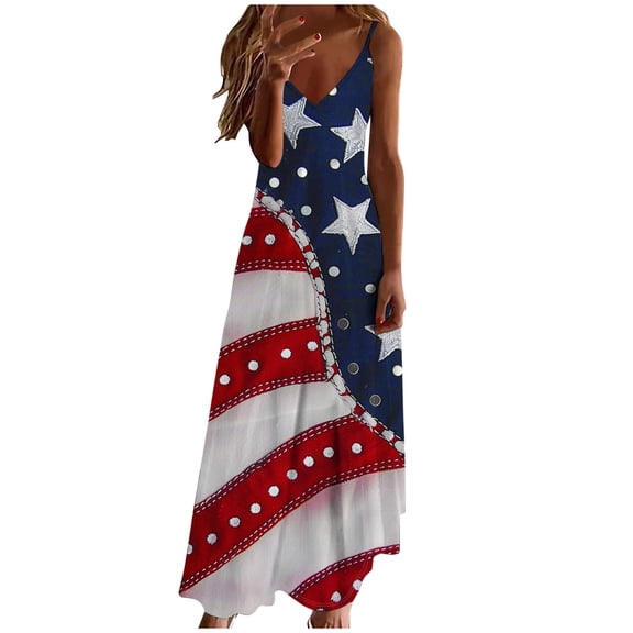 ibuvkizy 4th of July Dress Women Casual Summer Maxi Long Dress American Flag Print Sleeveless Dress Loose V Neck Holiday Beach Party Dresses Multicolor S