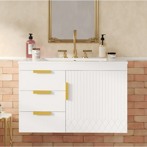 30" Floating Bathroom Vanity with Sink, Wall-Mounted Bathroom Cabinet with Soft-Closing Door and Drawers, Ceramic Basin Sink, Easy Assembly, White