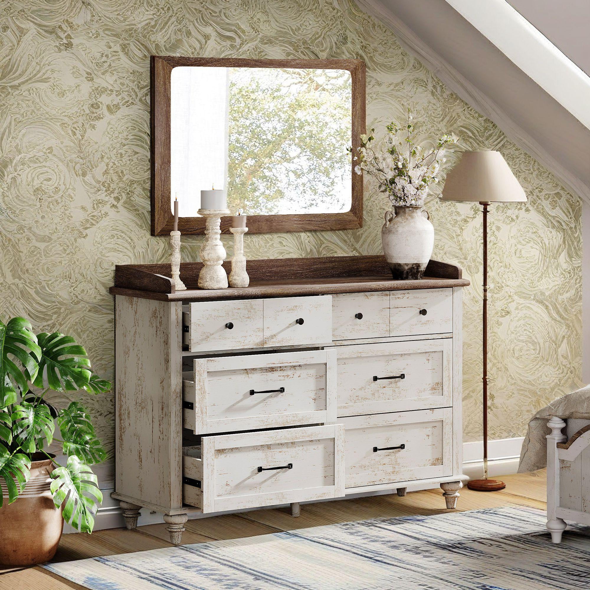 47" Double Dresser with 6 Drawers, Wood Chest of Drawers for Bedroom, Storage Organizer Dresser for Kids, Antique White