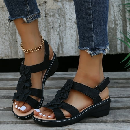 

Women‘s Flower Decor T-Strap Sandals Solid Color Wedge Sandals Women‘s Footwear