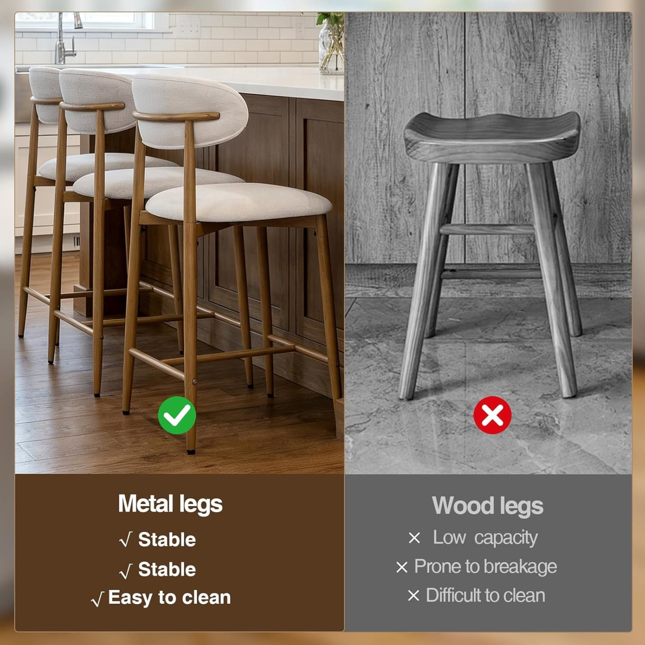 Noble House Counter Bar Stools, Upholstered Stools with Metal Legs, Ergonomic Kitchen Island Chairs, Beige, Set of 2