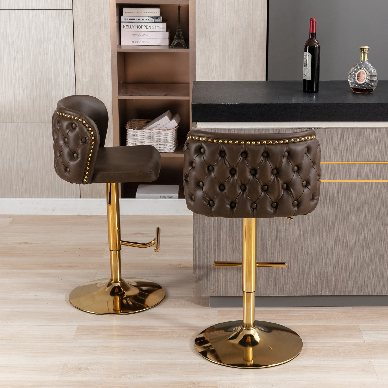 DONICK Swivel Counter Height Barstools,Upholstered Bar Stools Adjustable Height Nailhead Button Tufted Kitchen Island (PU,Brown,Set of 6)