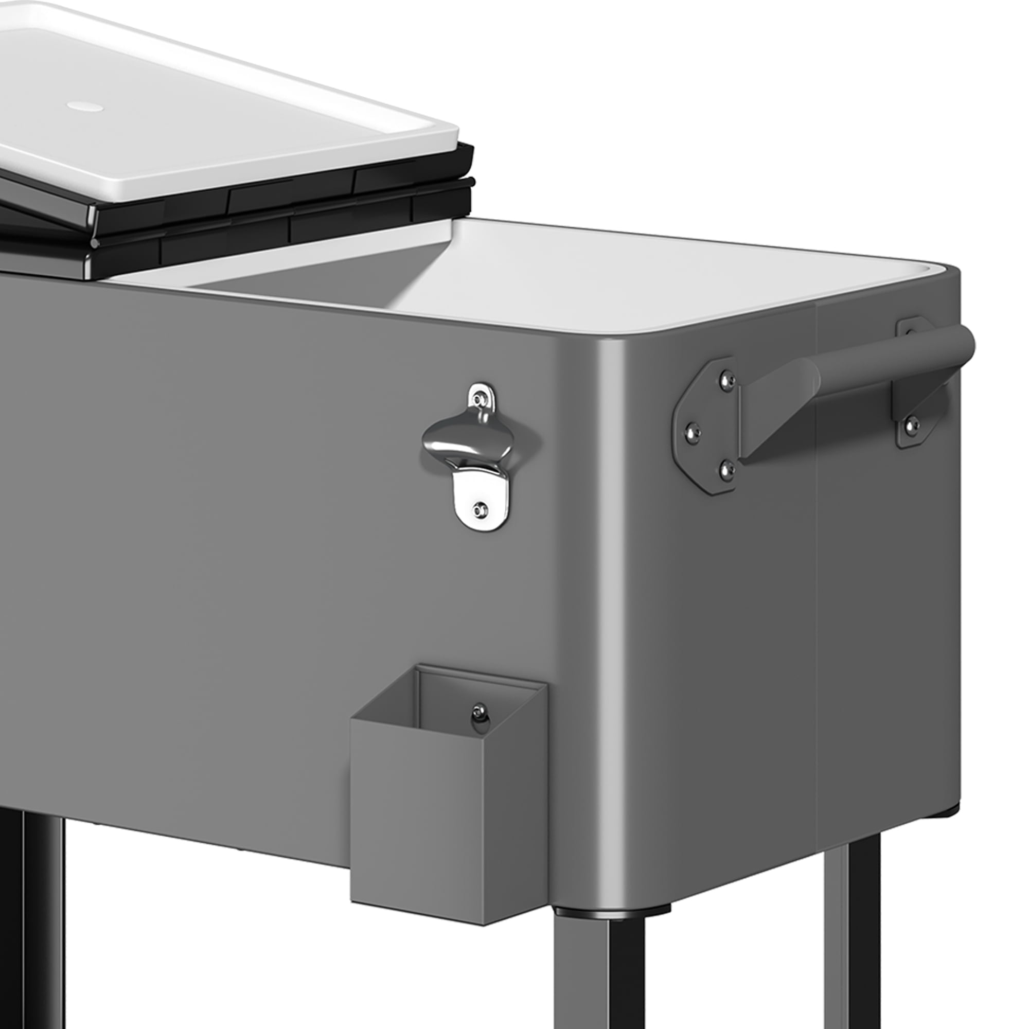 Uforic 80 Quart Rolling Ice Chest Cooler Cart,Outdoor Portable Beverage Cart, with Bottle Opener, Storage Shelf & Drain, Gray