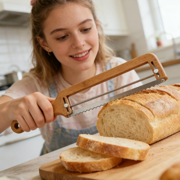 Adjustable Bread Slicer for Homemade Bread – Sourdough Bread Knife with Thickness Guide & Serrated Stainless Blade, Manual Bow Cutter for Bagels and Baguettes, Gift for Baker, Ambidextrous Use,A