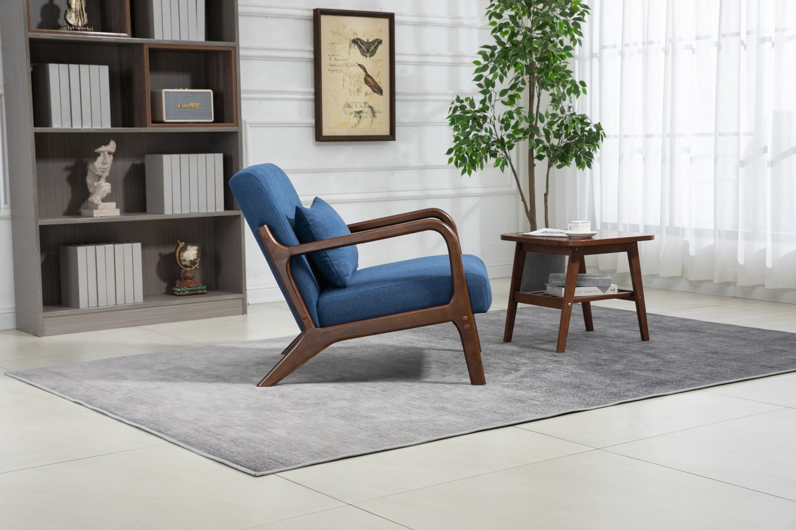 Mid Century Modern Accent Chair Upholstered Living Room Chair with Waist Cushion Wood Frame Reading Armchair for Bedroom Sunroom Indoor Lounge Chair, Dark Blue