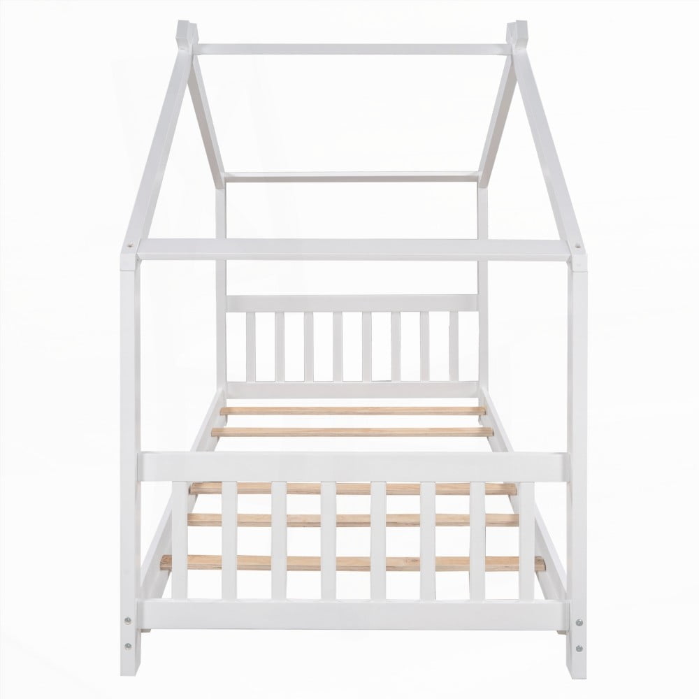 White Twin Size House Platform Bed - Easy Assembly & Durable Pine Wood