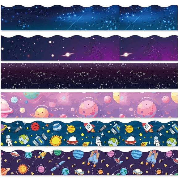 6 Style Bulletin Board Border Stickers 68.86ft Colorful Starry Star Universe Classroom Scalloped Self-Adhesive Die Cut Borders