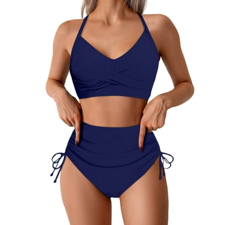 JIANJIA Womens Swimsuits Solid Color Criss Cross Strappy Tie Back Bra And Panty Set Two Piece Tankinis Swimwears Activewear Blue L