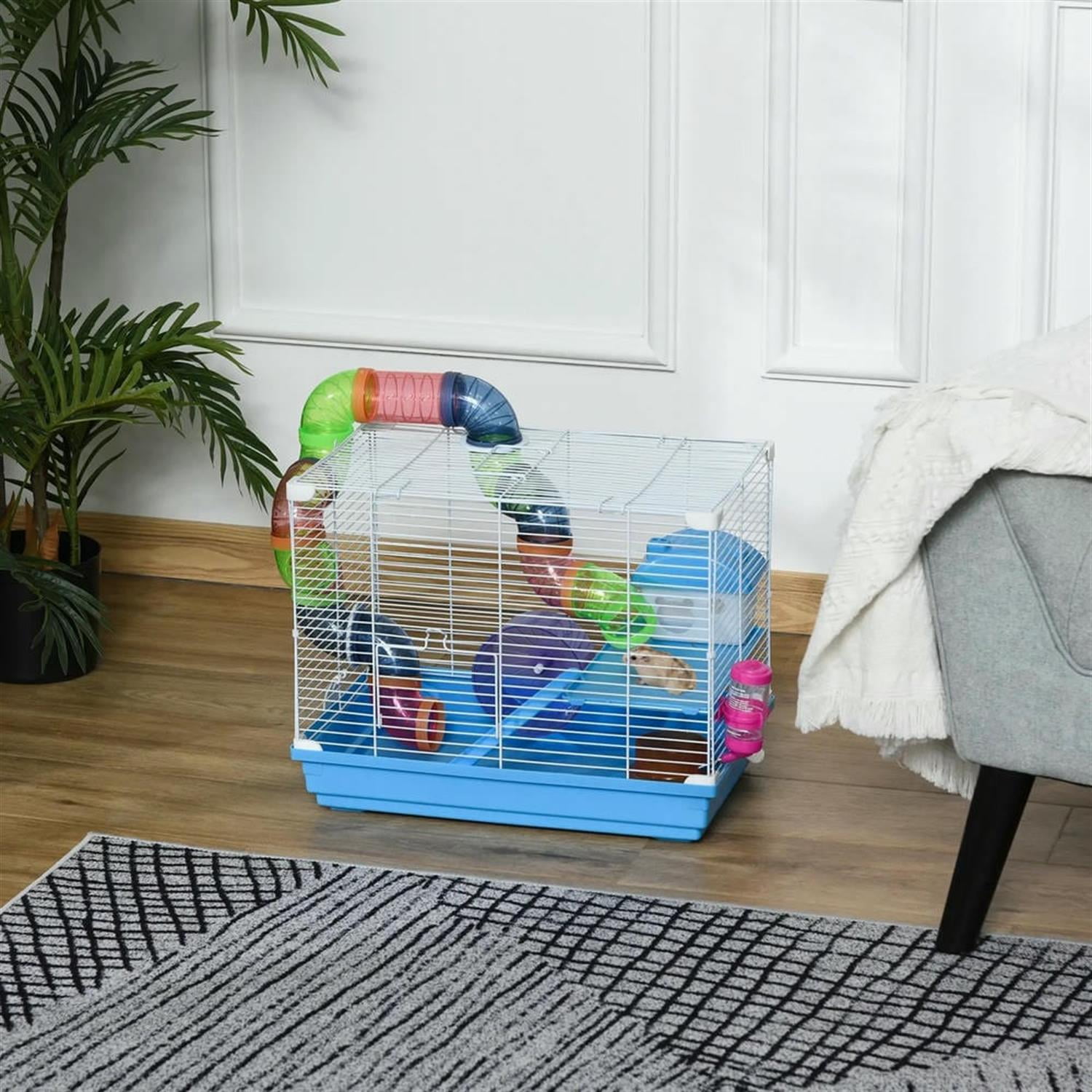 Kadyn 18" Large Hamster Cage, Gerbil Cage with Exercise Wheel, Water Bottle and Play Tubes for Syrian Gerbil, 2 Tiers Small Animal Habitats, Blue