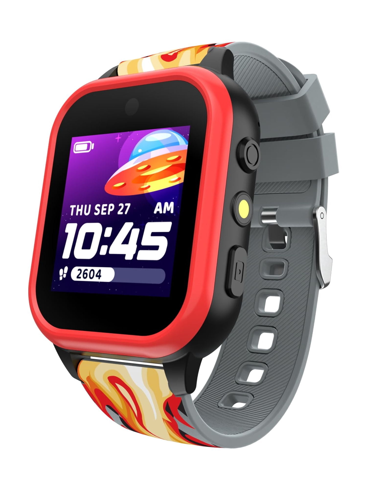 iTech Jr. 4 Kids Boys' Smartwatch with Camera, Audiobooks, and Games – Gray Case with Gray-Black Red Flame Strap