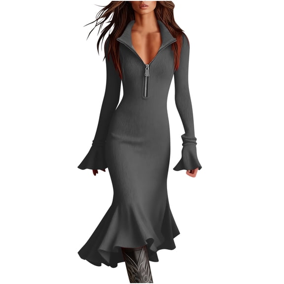 Ohufall Womens Long Bodycon Dresses Trendy Long Bell Sleeve Knit Dress Zip Turn-down Collar Midi Dresses