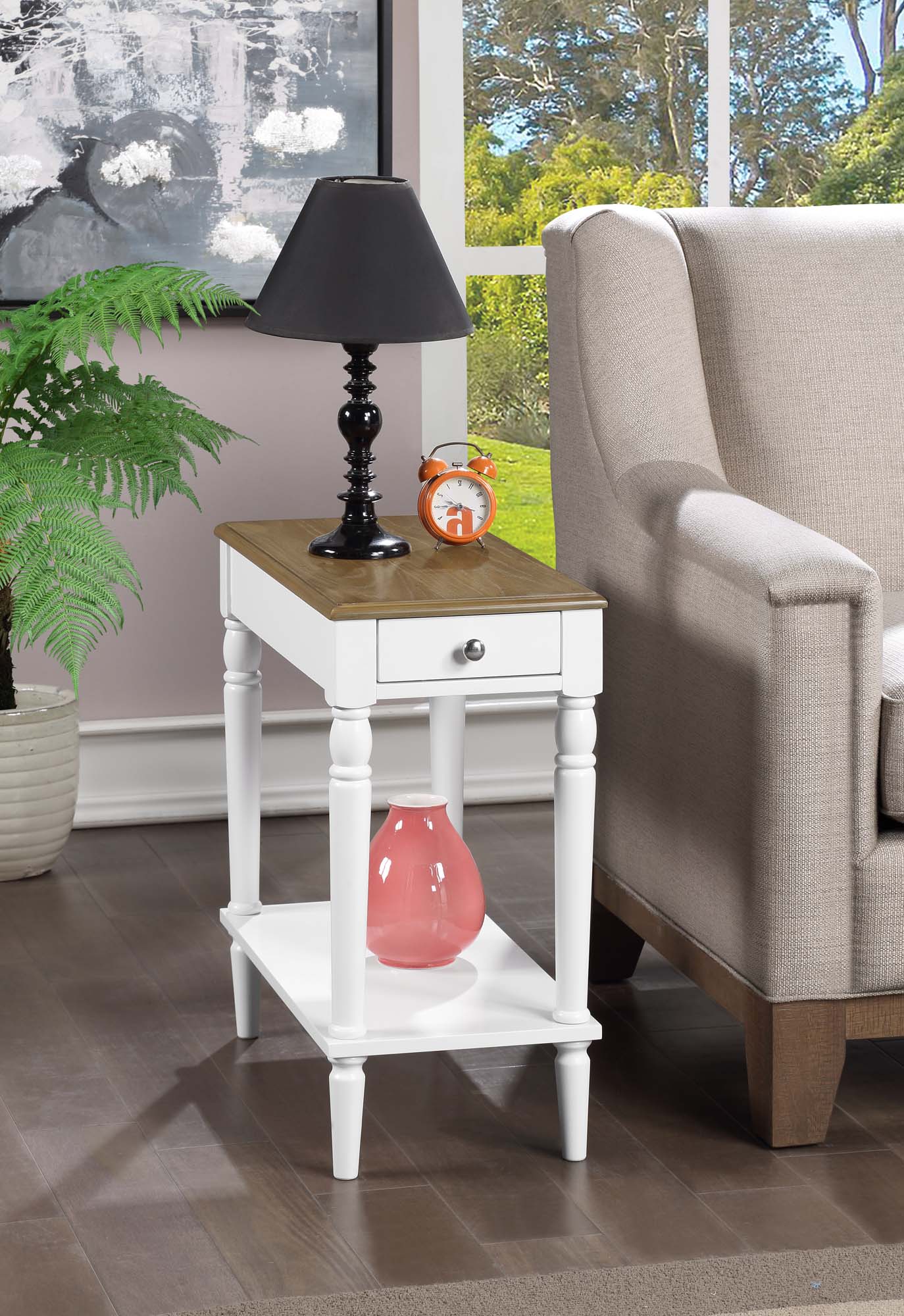 Driftwood//White Convenience Concepts 6042185DFTW French Country End Table with Drawer and Shelf