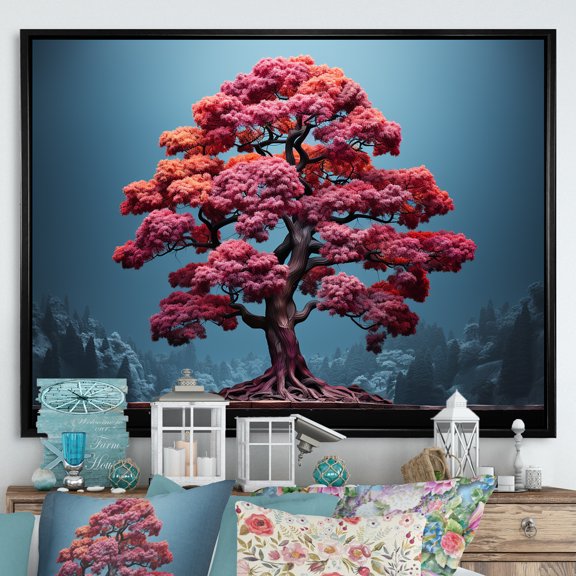 Designart "Pink Mystique In Amethyst Woods" Tree Redwood Floater Framed Wall Decor