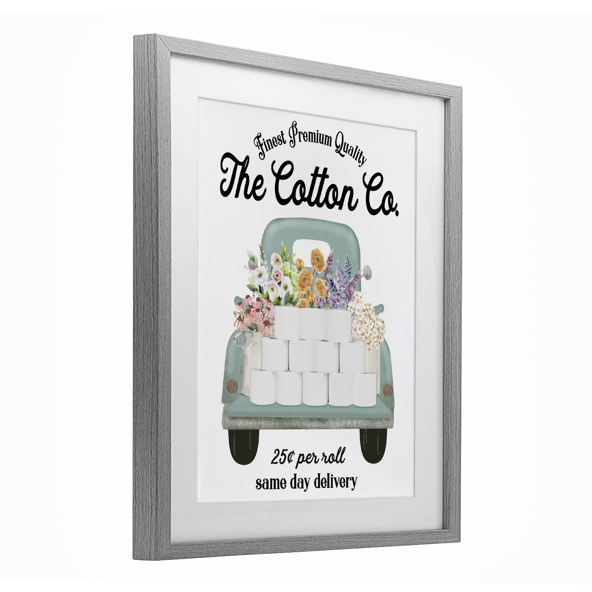 Toilet Paper Delivery Truck Gray Framed Print Under Glass, design by Lettered and Lined