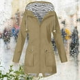 thumbnail image 2 of WTOBBY Women Solid Stripe Mid-Length Waterproof Sun Protective Outdoor Sports Rain Jacket with Single Zipper, Windproof Hooded Design,Khaki 2XL, 2 of 6