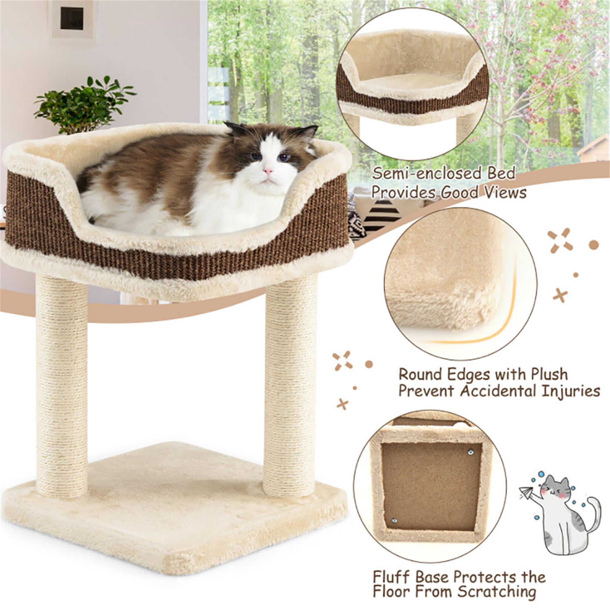 Kadyn 16" Cat Tree Tower for Indoor Cats with Large Plush Perch, Natural Sisal Scratching Post for Small Cats, Beige