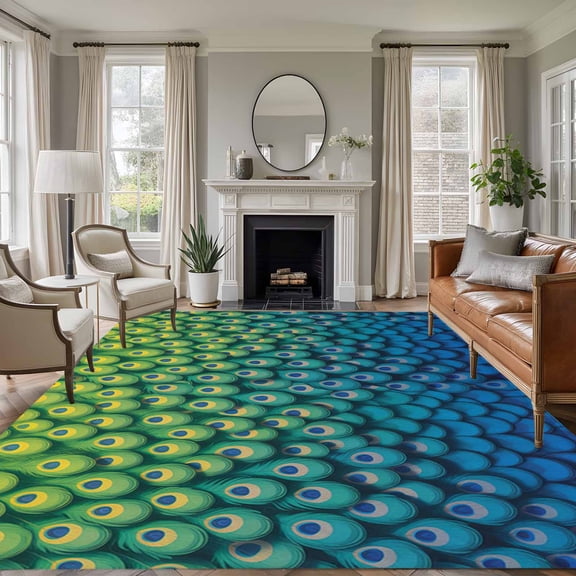 Large Area Rugs for Living Room Bedroom, Ombre Peacock 8'x10' Rug Washable Carpet Runner Indoor Outdoor, Vintage Abstract Peacock Feather Gradient Blue Non Slip Floor Mats Rug for Kitchen, Patio