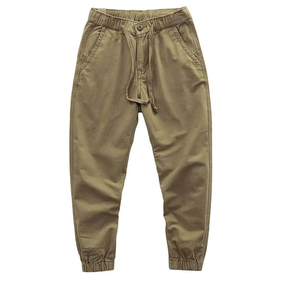 Women's Cropped Casual Pants Solid Color Elastic Waist Drawstring Button Tight Work Pants With Pockets (XL, Khaki)