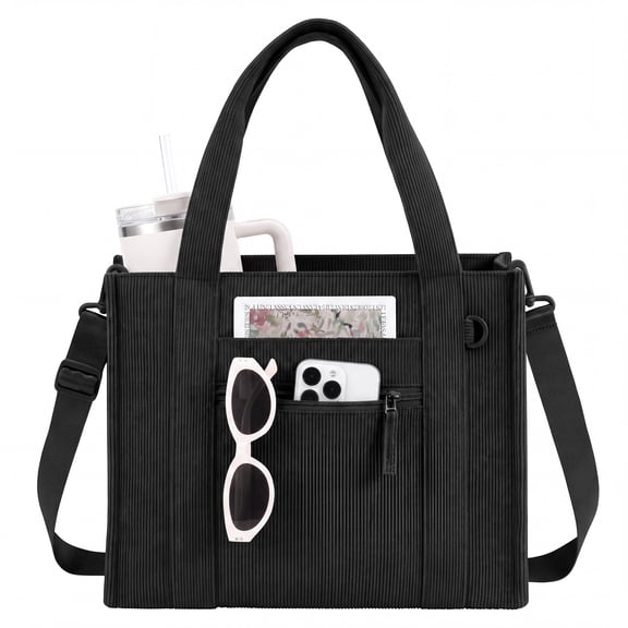 SUOSDEY Corduroy Tote Bag with Laptop Compartment&Cup Holder,Multipocket Work Tote for College,Teacher,Travel Crossbody Handbag