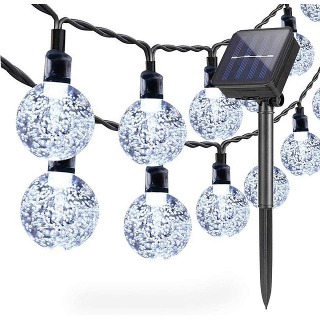 Guirnalda de luces solares para jardín exterior, 6,5 m, 30 LED, impermeables, bola de cristal, colorida, para decoración de festivales, fiestas, bodas, patios, Navidad (blanco frío)