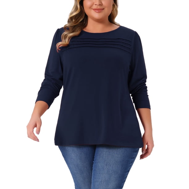 Blusa de mujer de talla grande Agnes Orinda con detalles de pliegues frontales, cuello redondo, manga larga, camiseta básica casual 1X azul marino