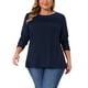 thumbnail image 1 of Blusa de mujer de talla grande Agnes Orinda con detalles de pliegues frontales, cuello redondo, manga larga, camiseta básica casual 1X azul marino, 1 of 6