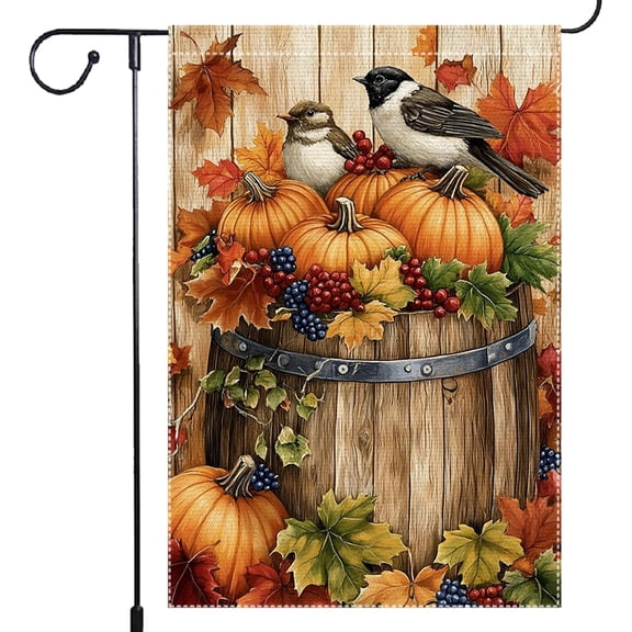 Fall Chickadee Garden Flag, Autumn Pumpkin Harvest Wooden Barrel Outdoor for Decor, Double Sided Burlap Maple Leaf Farmhouse Home Decor Yard Party Thanksgiving Decoration 12x18 Inch