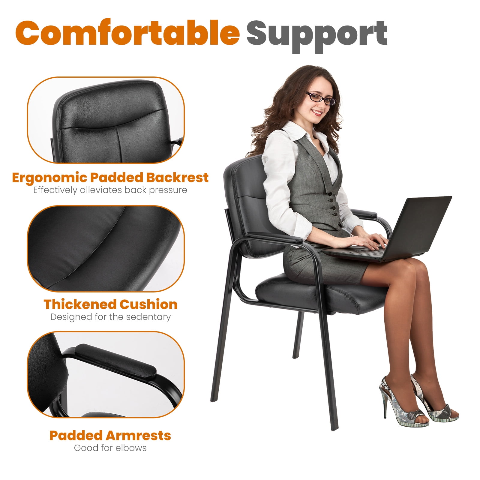 Guest Reception Desk Chairs Without Wheels for Waiting Room, Restaurant, Library, Barber Store,Black-2P