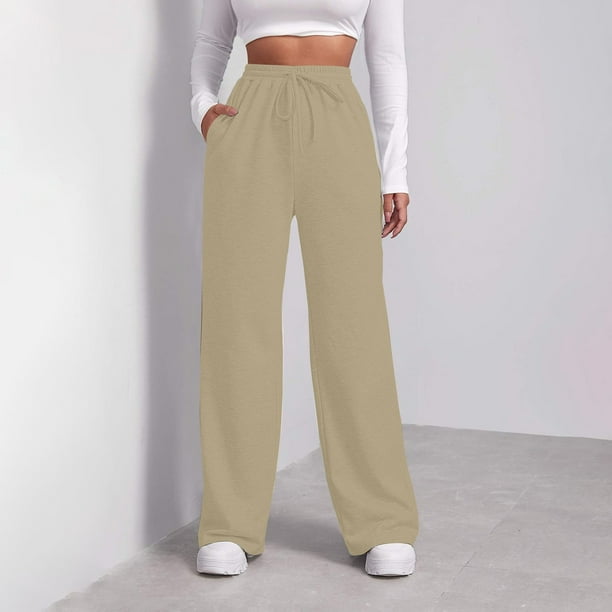 DENGDENG Ankle Sweatpants Women Fleece Drawstring Baggy Pants Solid Color High Waisted Sweatpants Fall Winter Straight Wide Leg Pants Fashion Yoga Jogger Pants Trendy Open Bottom Trousers Khaki XL Wal...