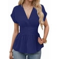 thumbnail image 3 of Women V Neck Cap Sleeve Wrap Blouses Ruched Ruffle Hem Peplum Tops Navy Blue XL, 3 of 9