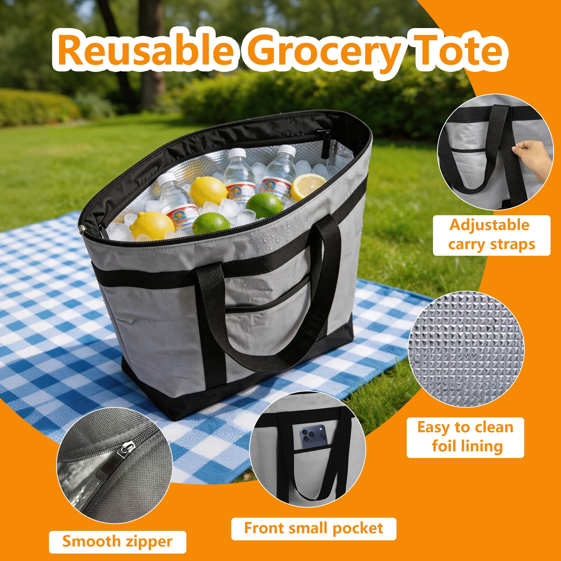 Insulated Cooler Tote Bag, 39L Large Collapsible Thermal Lunch Bag, Reusable Waterproof Grocery Shopping Bag for Picnic Beach BBQ Travel