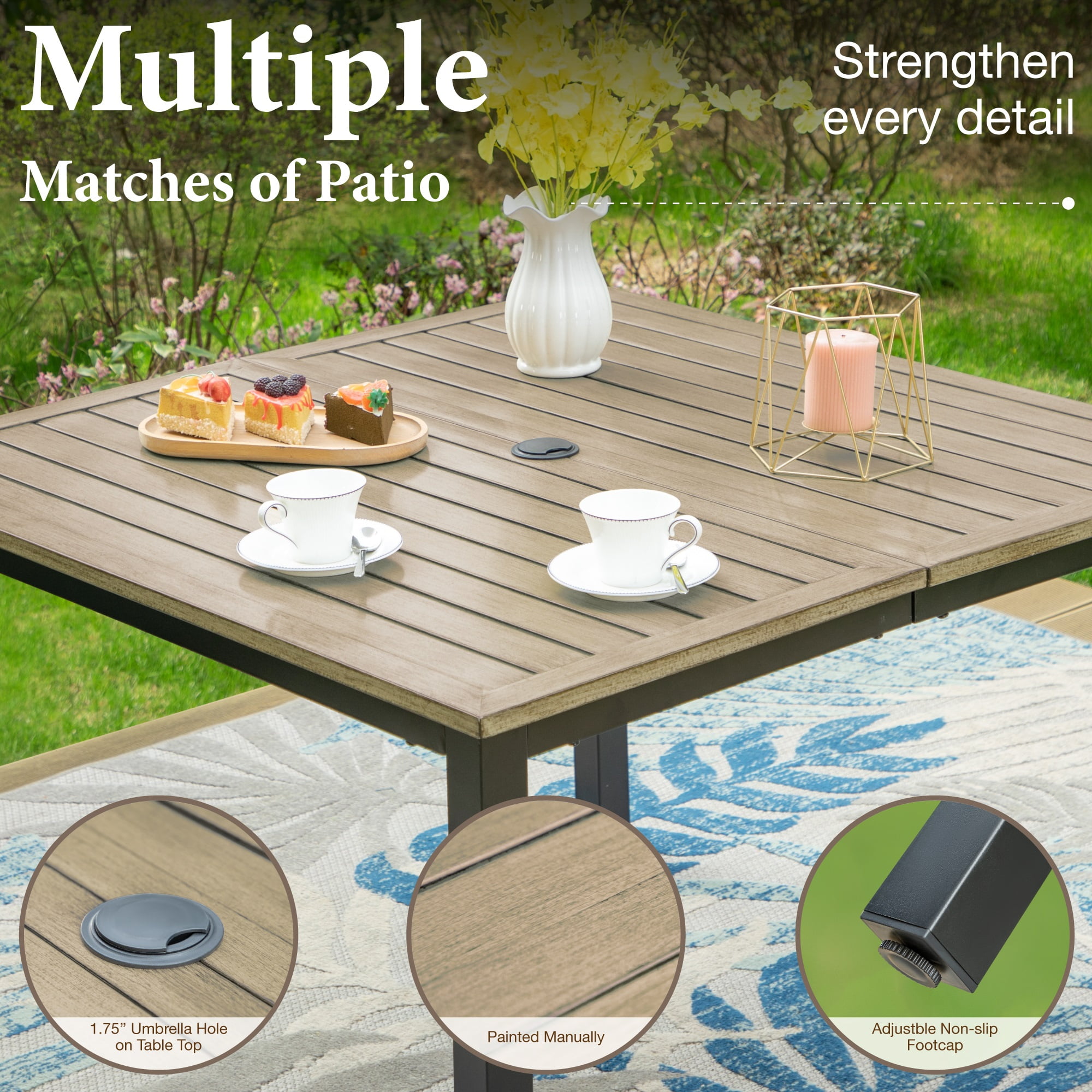 MF Studio 5-Piece Outdoor Dining Set with Wicker Cushioned Chairs & Wood Grain Table, 1.9" Umbrella Hole, Black & Beige