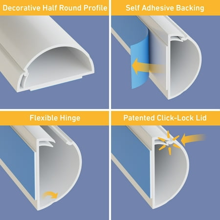 D-Line White Half Round Cord Cover Pack, 1.18x0.59in, 4x 39in Lengths
