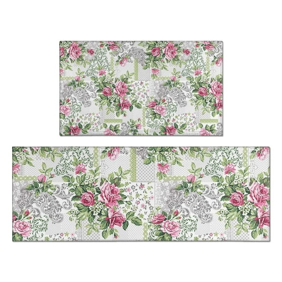Pioneer Flower Floral Print Pattern Kitchen Rugs Sets Of 2,Anti Fatigue Kitchen Mat Rugs Non Slip Washable,Decorative Kitchen Floor Mats for Kitchen,Sink,Laundry,17"x30" 17"x47"