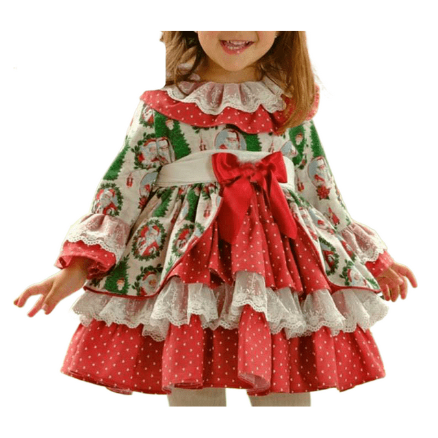 FOCUSNORM Kids Girls Layered Dress, Santa Claus Print Round Neck Long Sleeve One-Piece