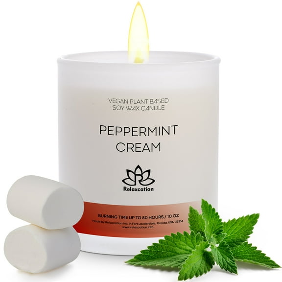Soy Wax Candle in Glass Jar Peppermint Cream Scented Candle Clean Burn up to 80 Hours Handmade in USA Natural and Safe by Relaxcation 10 oz