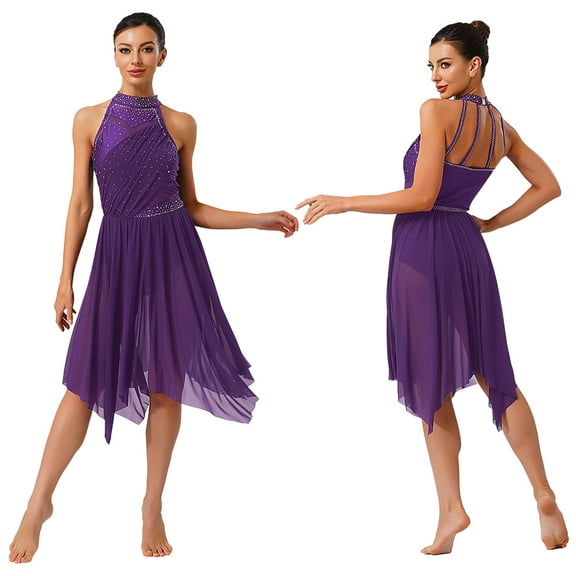 inlzdz Women's Lyrical Dance Dress Irregular Mesh Ruffled Skirt Hem Built-In Briefs Figure Skating Dresses Purple L