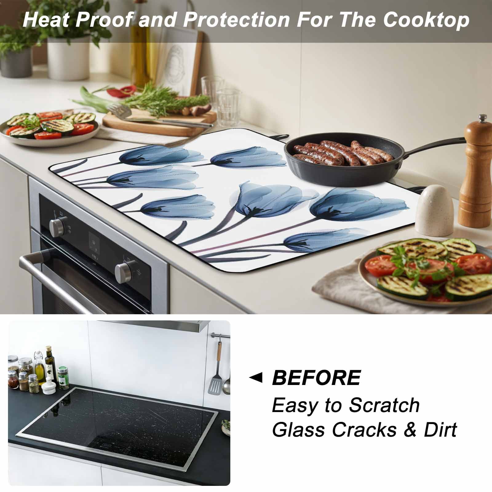 Blue Tulip Stove Top Cover for Electric Stove, Heat-proof & Non Slip Glass Top Stove Cover Protector, Spring Pastoral Flower Watercolor White Kitchen Flat Cooktop Rubber Mat 36x21 Inches