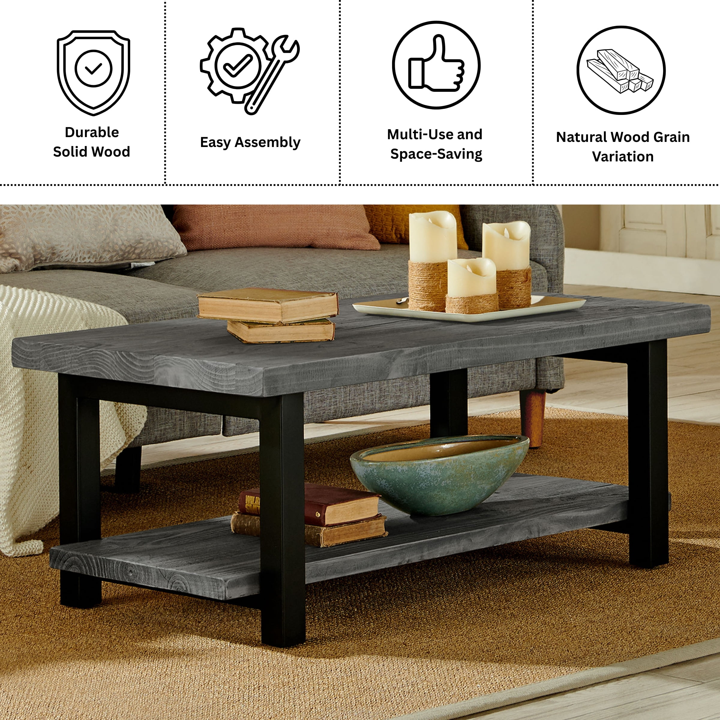 Alaterre Furniture Ponoma 42-inch Coffee Table, Solid Wood and Metal, Lower Shelf for Storage, Ideal for Living Room and Office Spaces, Slate Gray