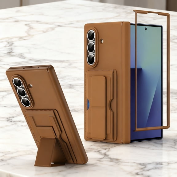 For Samsung Galaxy Z Fold 5 Phone Case,With Card Slots,Contractile Kickstand,Hinge Protection,Shockproof Heavy Duty Anti-fall Drop Protection,Anti-scratch PU Leather Back Rugged Phone Case,Brown