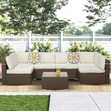 Superjoe 7 Pcs Patio Wicker Sectional Sofa Set Outdoor Conversation Set Brown Rattan with Beige Cushions