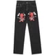 thumbnail image 1 of Pantalones de chándal holgados para hombre y mujer, pantalón con cordón, rayas naranjas, bordado de mariposa, hebillas de pierna, color verde negruzco, 1 of 5