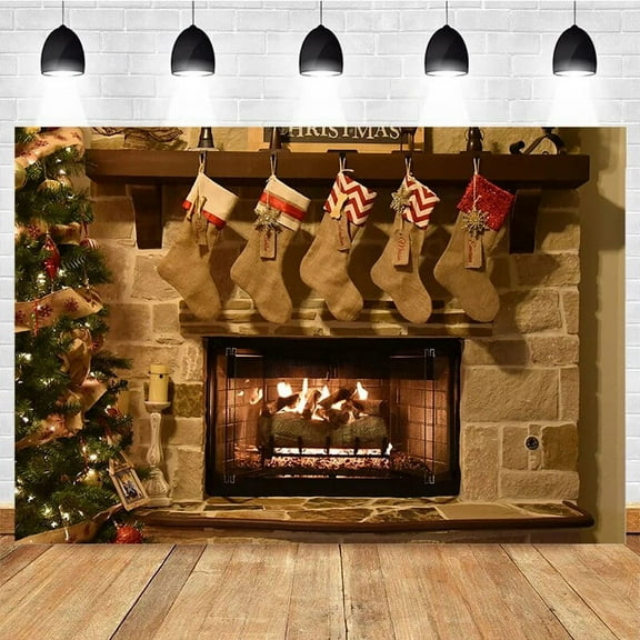 Christmas Photography Background Burning Fireplace Christmas Stocking Decoration Props Child Portrait Photo Backdrop Banner