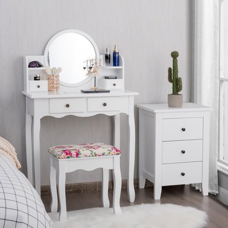 Costway Makeup Vanity Table Set W Drawers Oval Mirror Girls