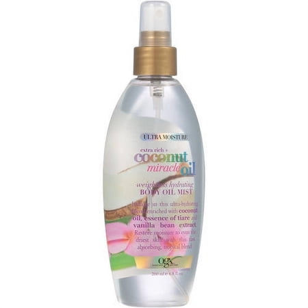 OGX Extra Rich + Coconut Miracle Oil Weightless Hydrating Body Oil Mist, Fast-Absorb Oil Body Spray for Soft Moisturized Skin, Paraben-Free, Silicone-Free, Sulfated-Surfactant Free, 6.8 oz