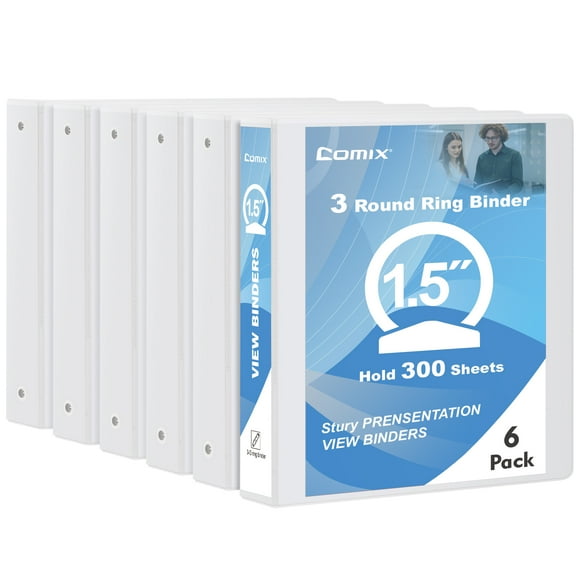 Comix Reliure Robuste à 3 Anneaux de 1-1/2 Po, Anneau Rond de 1,5 Po, Capacité de 300 Feuilles, 8,5 Po x 11 Po, Lot de 6 Blanc, Épaisseur de 2 mm